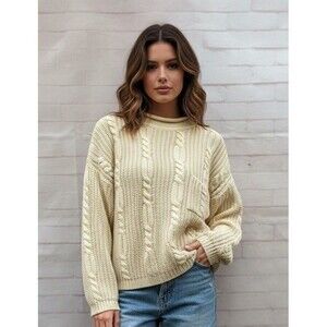 Vtg 90s Forenza Women’s Chunky Cable Knit Wool Blend Sweater Pale Yellow Y2K  L